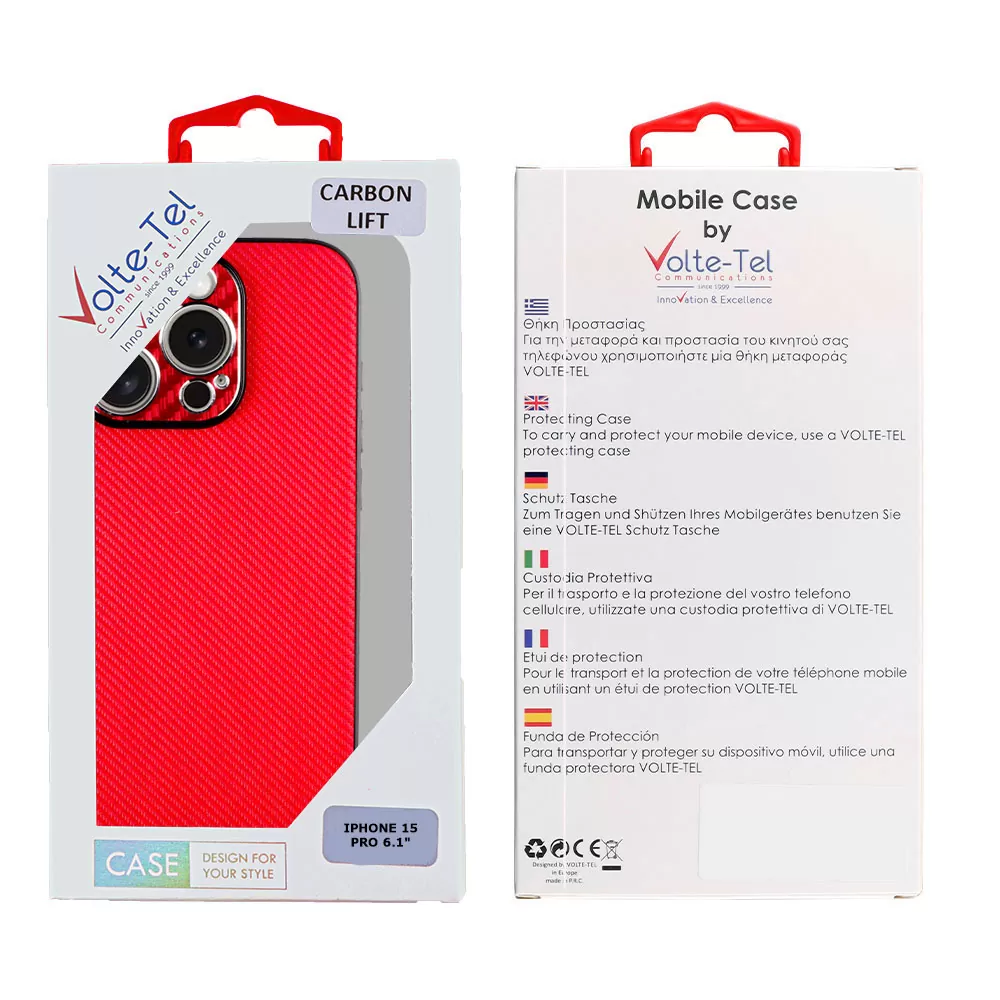 VOLTE-TEL CARBON LIFT ΘΗΚΗ IPHONE 15 PRO 6.1in  FULL CAMERA PROTECTION RED - Image 2