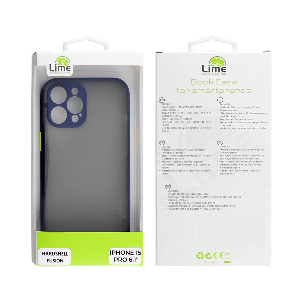 LIME HARDSHELL FUSION ΘΗΚΗ IPHONE 15 PRO 6.1in  FULL CAMERA PROTECTION BLUE WITH YELLOW KEYS - Image 2