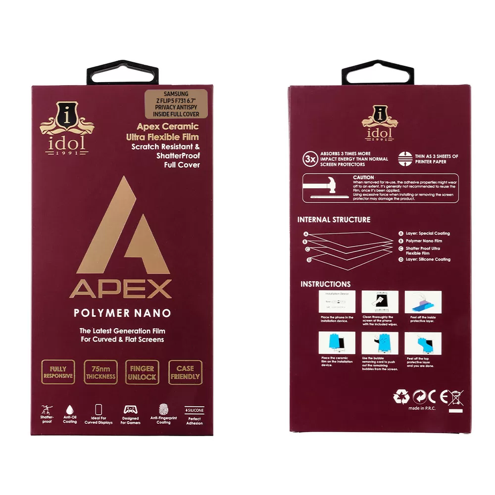 IDOL 1991 PRIVACY ANTISPY TEMPERED GLASS SAMSUNG Z FLIP 5 5G F731 6.7in 9H 0.20mm HYDROGEL FILM INSIDE FULL COVER - Image 2