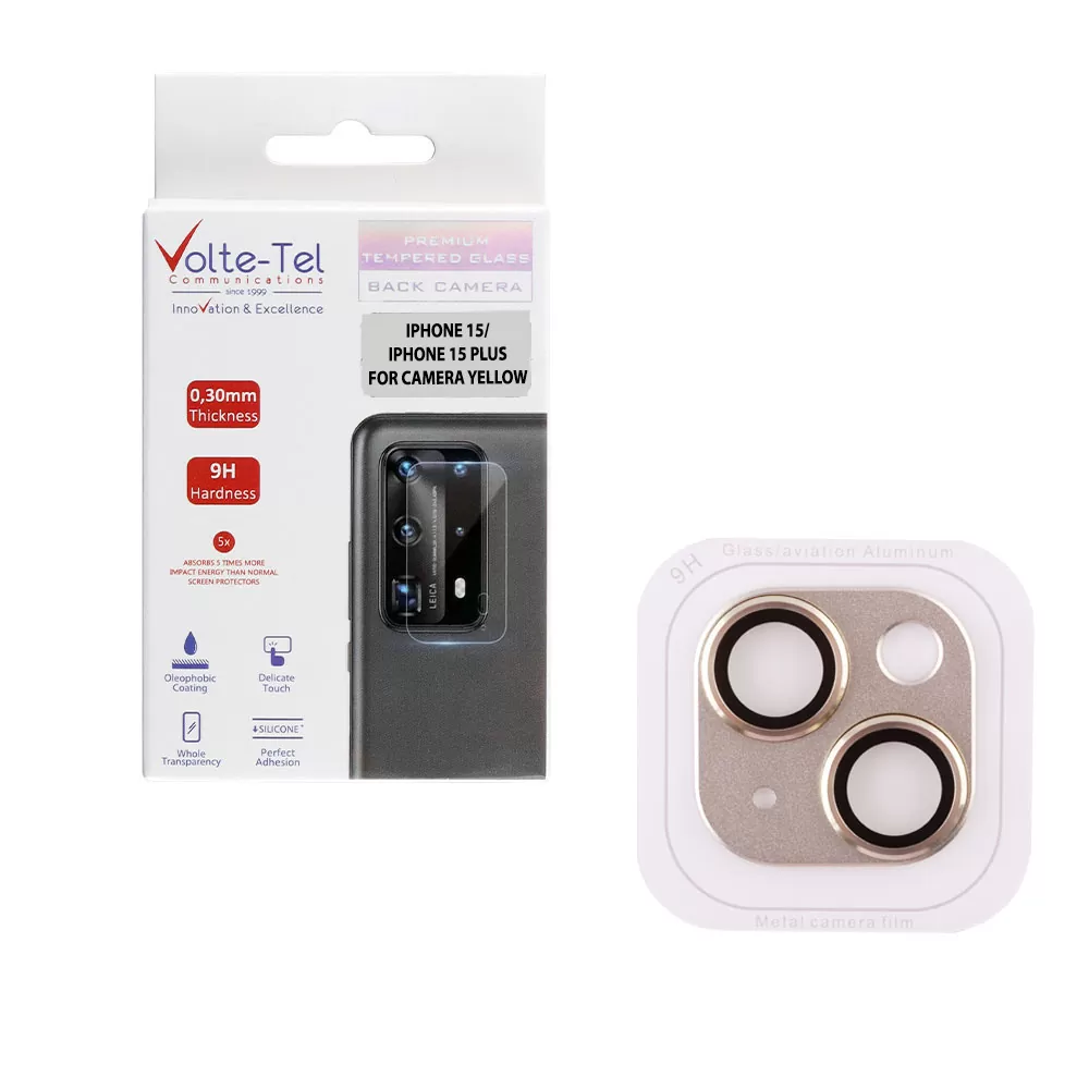VOLTE-TEL CAMERA GLASS COVER IPHONE 15 6.1in/IPHONE 15 PLUS 6.7in 9H 0.30MM 3D AR ALUMINIUM-ELECTROPLATING FRAME YELLOW - Image 4