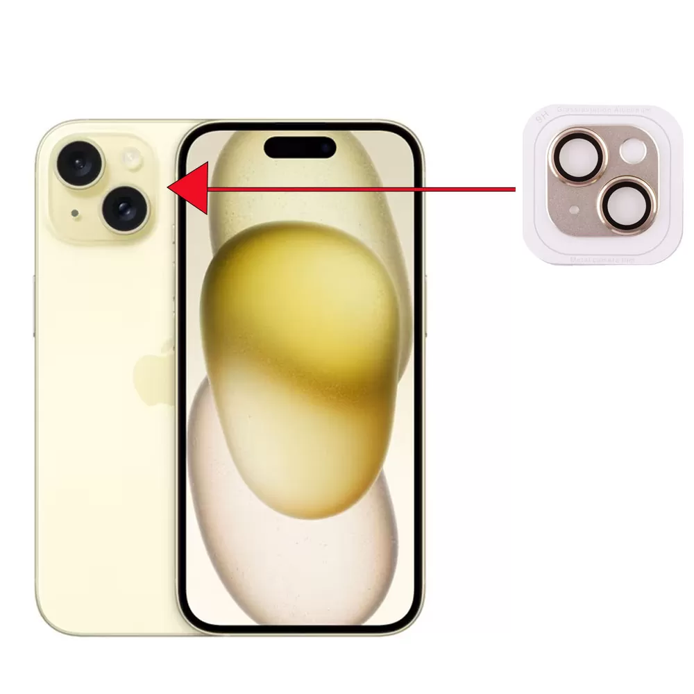 VOLTE-TEL CAMERA GLASS COVER IPHONE 15 6.1in/IPHONE 15 PLUS 6.7in 9H 0.30MM 3D AR ALUMINIUM-ELECTROPLATING FRAME YELLOW - Image 3