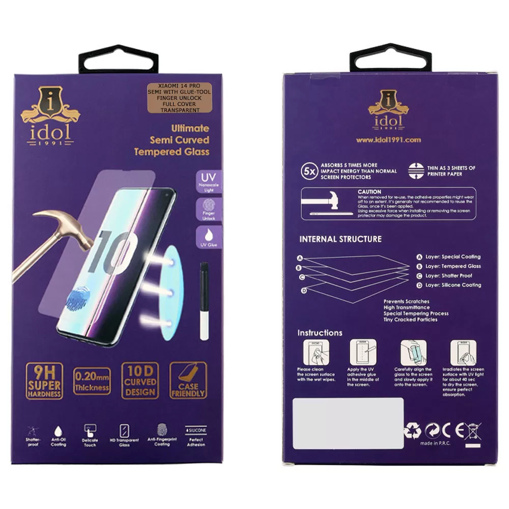 IDOL 1991 UV TEMPERED GLASS XIAOMI 14 PRO 5G 6.73in 9H 0.20mm 10D SEMI WITH GLUE-TOOL FINGER UNLOCK FULL COVER TRANSPARENT - Image 2