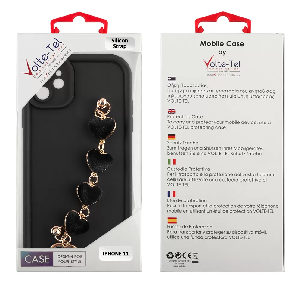 VOLTE-TEL SILICON TPU WITH STRAP ΘΗΚΗ IPHONE 11 6.1in  FULL CAMERA PROTECTION BLACK WITH BLACK HEARTS - Image 2
