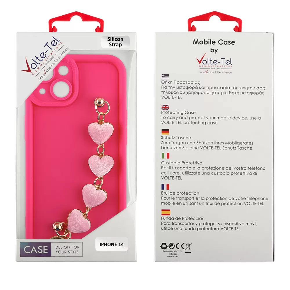 VOLTE-TEL SILICON TPU WITH STRAP ΘΗΚΗ IPHONE 14 6.1in  FULL CAMERA PROTECTION PINK WITH PINK HEARTS - Image 2
