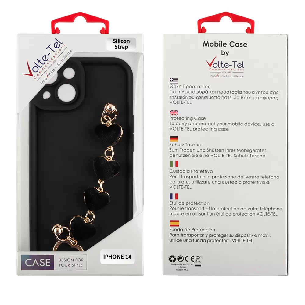 VOLTE-TEL SILICON TPU WITH STRAP ΘΗΚΗ IPHONE 14 6.1in  FULL CAMERA PROTECTION BLACK WITH BLACK HEARTS - Image 2