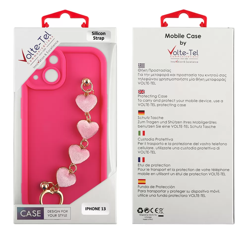 VOLTE-TEL SILICON TPU WITH STRAP ΘΗΚΗ IPHONE 13 6.1in  FULL CAMERA PROTECTION PINK WITH PINK HEARTS - Image 2