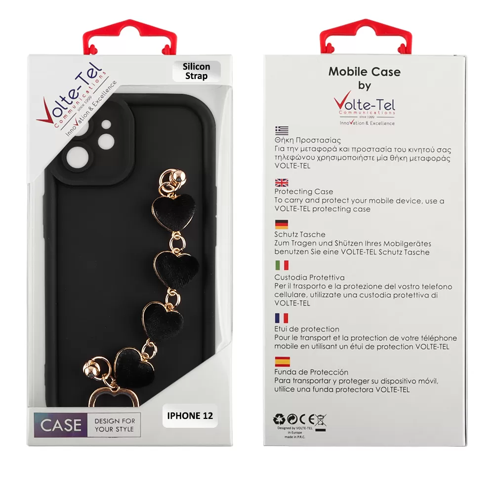 VOLTE-TEL SILICON TPU WITH STRAP ΘΗΚΗ IPHONE 12 6.1in  FULL CAMERA PROTECTION BLACK WITH BLACK HEARTS - Image 2