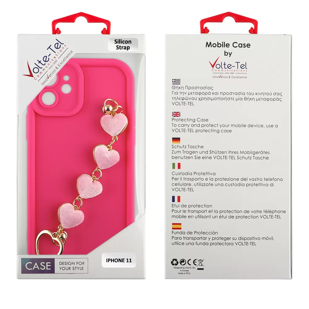 VOLTE-TEL SILICON TPU WITH STRAP ΘΗΚΗ IPHONE 11 6.1in  FULL CAMERA PROTECTION PINK WITH PINK HEARTS - Image 2