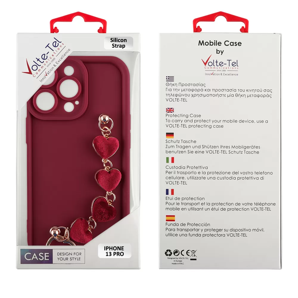 VOLTE-TEL SILICON TPU WITH STRAP ΘΗΚΗ IPHONE 13 PRO 6.1in  FULL CAMERA PROTECTION BURGUNDY WITH RED HEARTS - Image 2