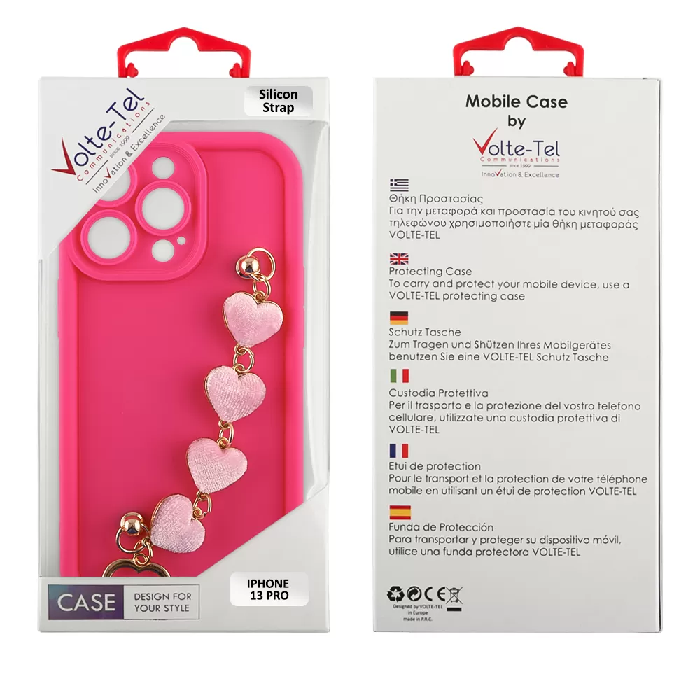 VOLTE-TEL SILICON TPU WITH STRAP ΘΗΚΗ IPHONE 13 PRO 6.1in  FULL CAMERA PROTECTION PINK WITH PINK HEARTS - Image 2