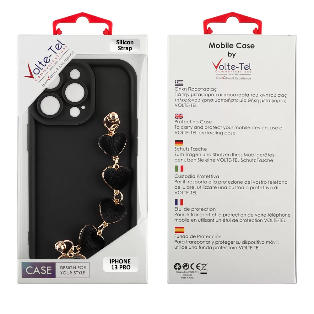 VOLTE-TEL SILICON TPU WITH STRAP ΘΗΚΗ IPHONE 13 PRO 6.1in  FULL CAMERA PROTECTION BLACK WITH BLACK HEARTS - Image 2
