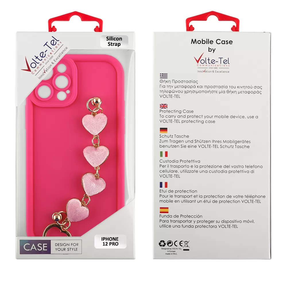 VOLTE-TEL SILICON TPU WITH STRAP ΘΗΚΗ IPHONE 12 PRO 6.1in  FULL CAMERA PROTECTION PINK WITH PINK HEARTS - Image 2