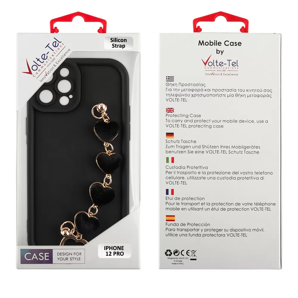 VOLTE-TEL SILICON TPU WITH STRAP ΘΗΚΗ IPHONE 12 PRO 6.1in  FULL CAMERA PROTECTION BLACK WITH BLACK HEARTS - Image 2