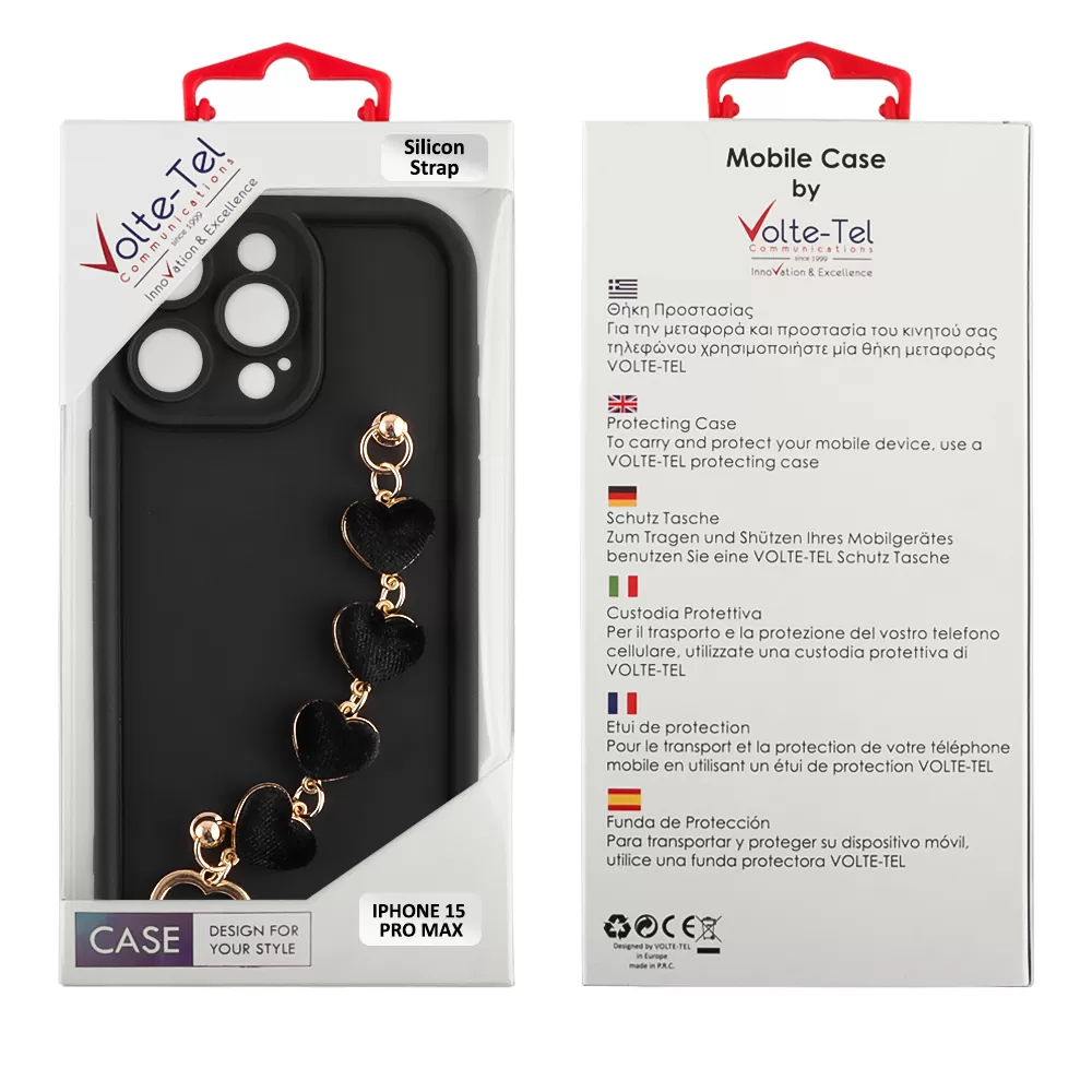 VOLTE-TEL SILICON TPU WITH STRAP ΘΗΚΗ IPHONE 15 PRO MAX 6.7in  FULL CAMERA PROTECTION BLACK WITH BLACK HEARTS - Image 2