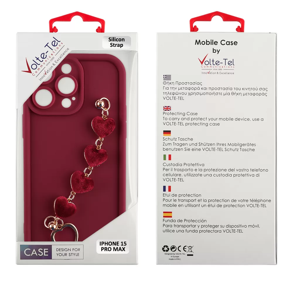 VOLTE-TEL SILICON TPU WITH STRAP ΘΗΚΗ IPHONE 15 PRO MAX 6.7in  FULL CAMERA PROTECTION BURGUNDY WITH RED HEARTS - Image 2