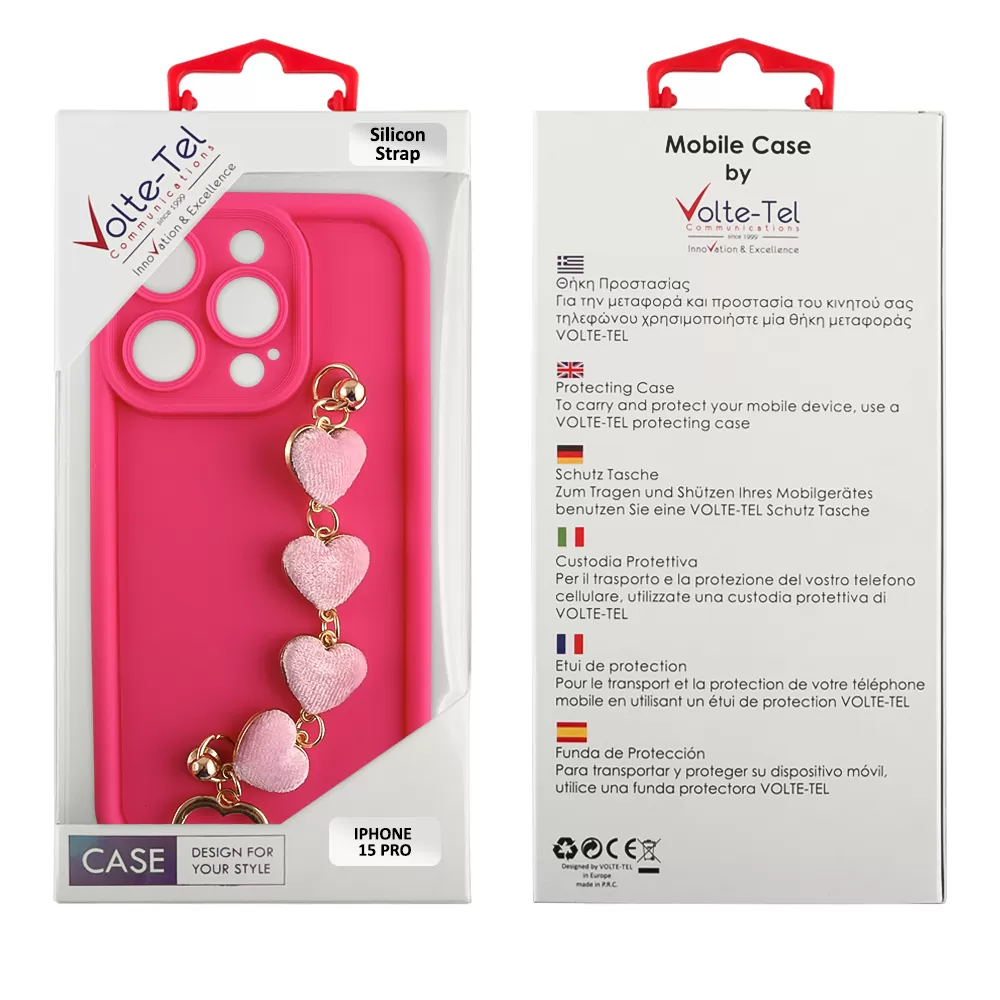 VOLTE-TEL SILICON TPU WITH STRAP ΘΗΚΗ IPHONE 15 PRO 6.1in  FULL CAMERA PROTECTION PINK WITH PINK HEARTS - Image 2