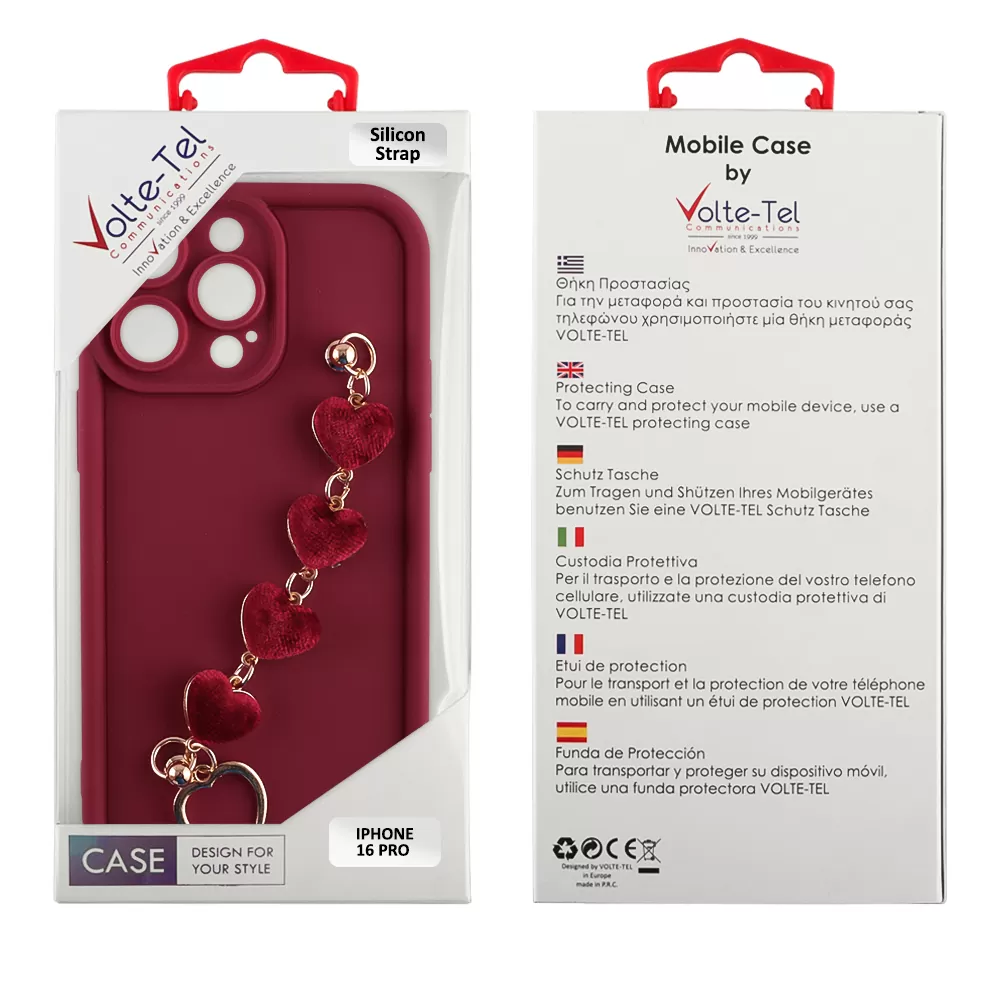 VOLTE-TEL SILICON TPU WITH STRAP ΘΗΚΗ IPHONE 15 PRO 6.1in  FULL CAMERA PROTECTION BURGUNDY WITH RED HEARTS - Image 2