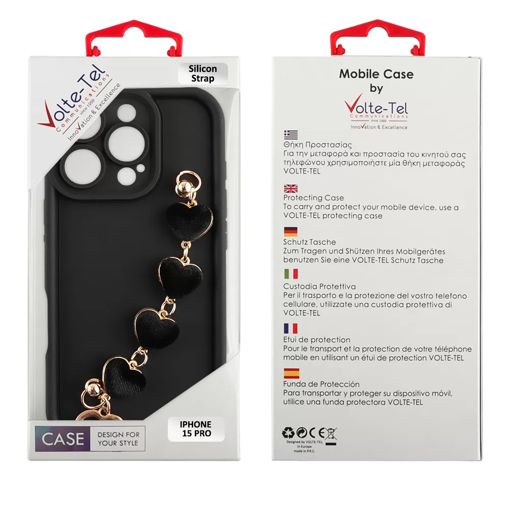 VOLTE-TEL SILICON TPU WITH STRAP ΘΗΚΗ IPHONE 15 PRO 6.1in  FULL CAMERA PROTECTION BLACK WITH BLACK HEARTS - Image 2