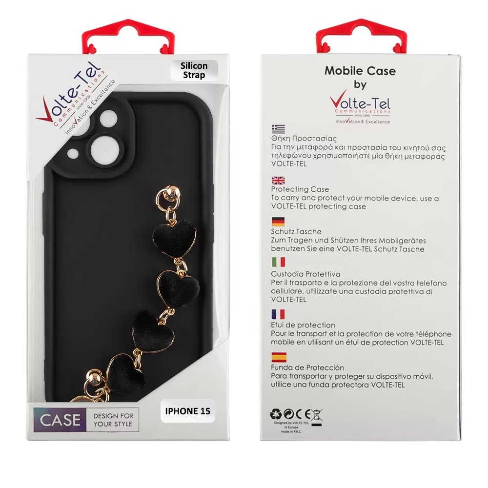 VOLTE-TEL SILICON TPU WITH STRAP ΘΗΚΗ IPHONE 15 6.1in  FULL CAMERA PROTECTION BLACK WITH BLACK HEARTS - Image 2