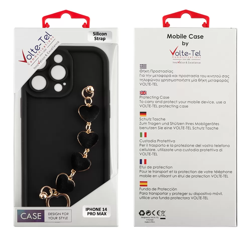VOLTE-TEL SILICON TPU WITH STRAP ΘΗΚΗ IPHONE 14 PRO MAX 6.7in  FULL CAMERA PROTECTION BLACK WITH BLACK HEARTS - Image 2