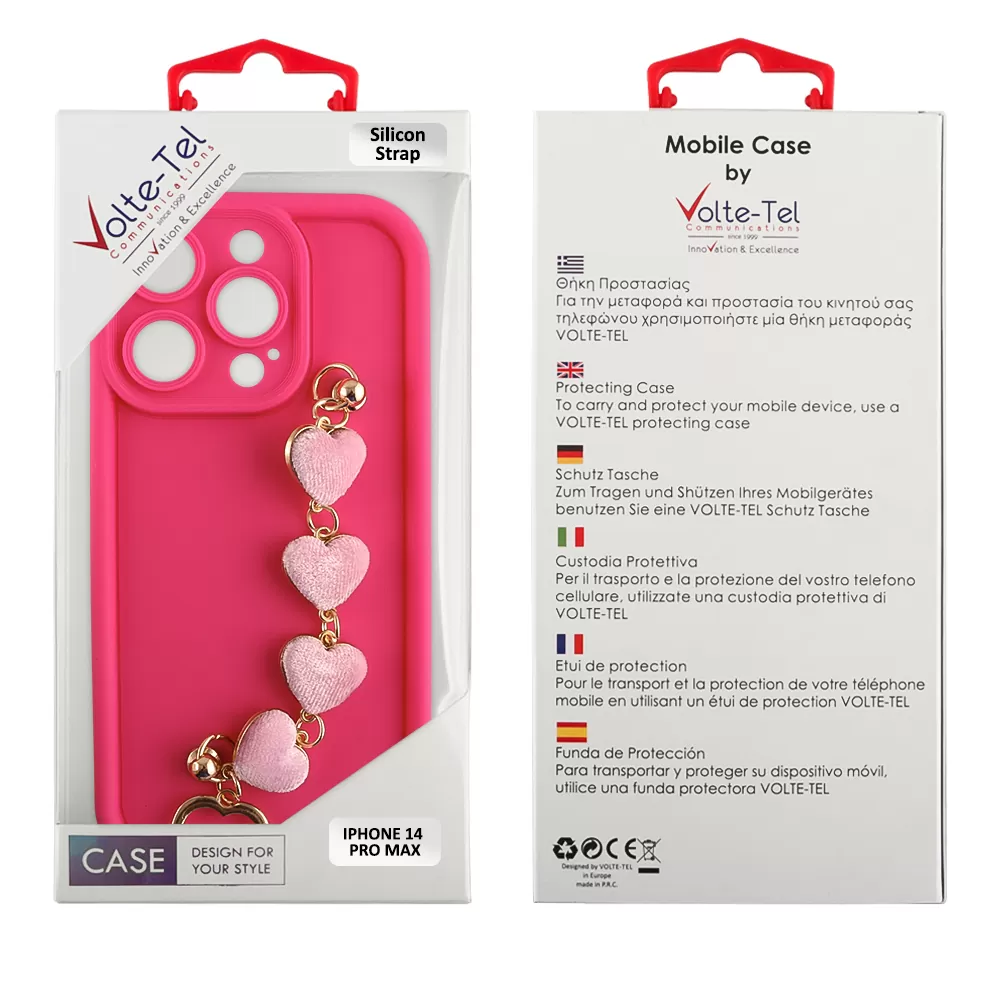 VOLTE-TEL SILICON TPU WITH STRAP ΘΗΚΗ IPHONE 14 PRO MAX 6.7in  FULL CAMERA PROTECTION PINK WITH PINK HEARTS - Image 2