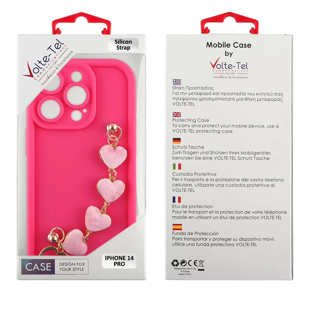 VOLTE-TEL SILICON TPU WITH STRAP ΘΗΚΗ IPHONE 14 PRO 6.1in  FULL CAMERA PROTECTION PINK WITH PINK HEARTS - Image 2