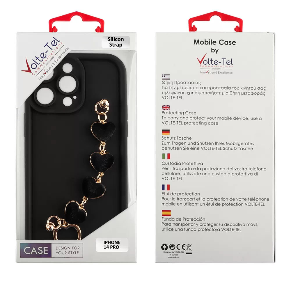 VOLTE-TEL SILICON TPU WITH STRAP ΘΗΚΗ IPHONE 14 PRO 6.1in  FULL CAMERA PROTECTION BLACK WITH BLACK HEARTS - Image 2