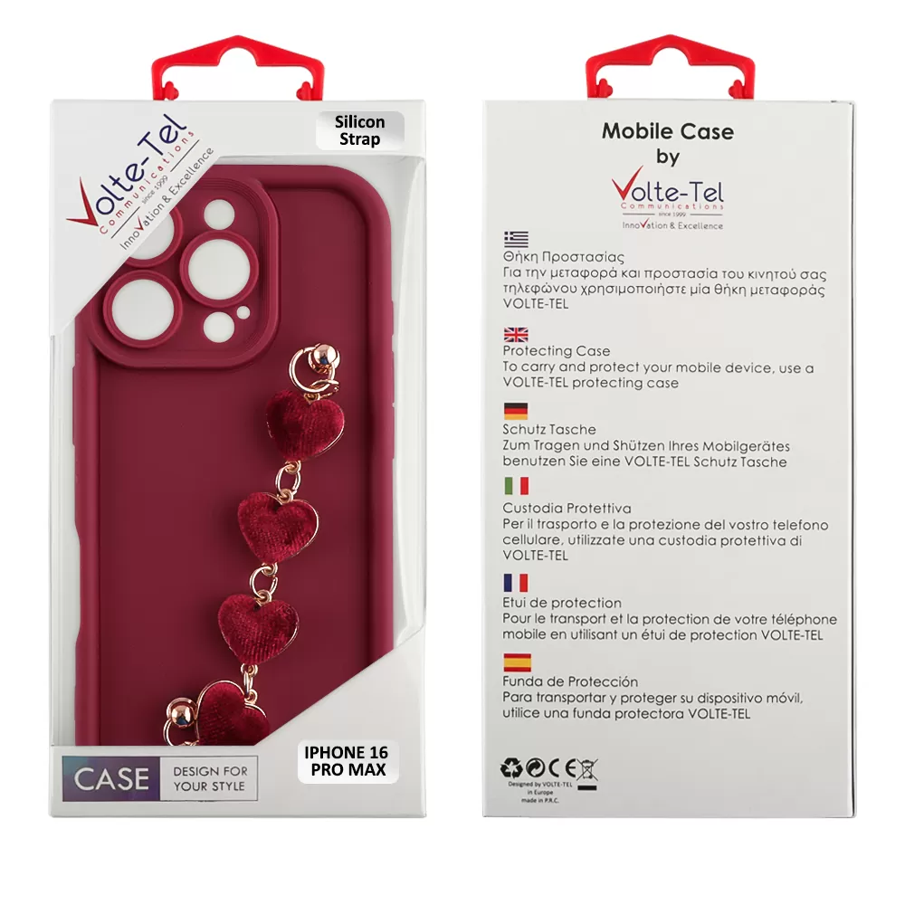 VOLTE-TEL SILICON TPU WITH STRAP ΘΗΚΗ IPHONE 16 PRO MAX 6.9in  FULL CAMERA PROTECTION BURGUNDY WITH RED HEARTS - Image 2
