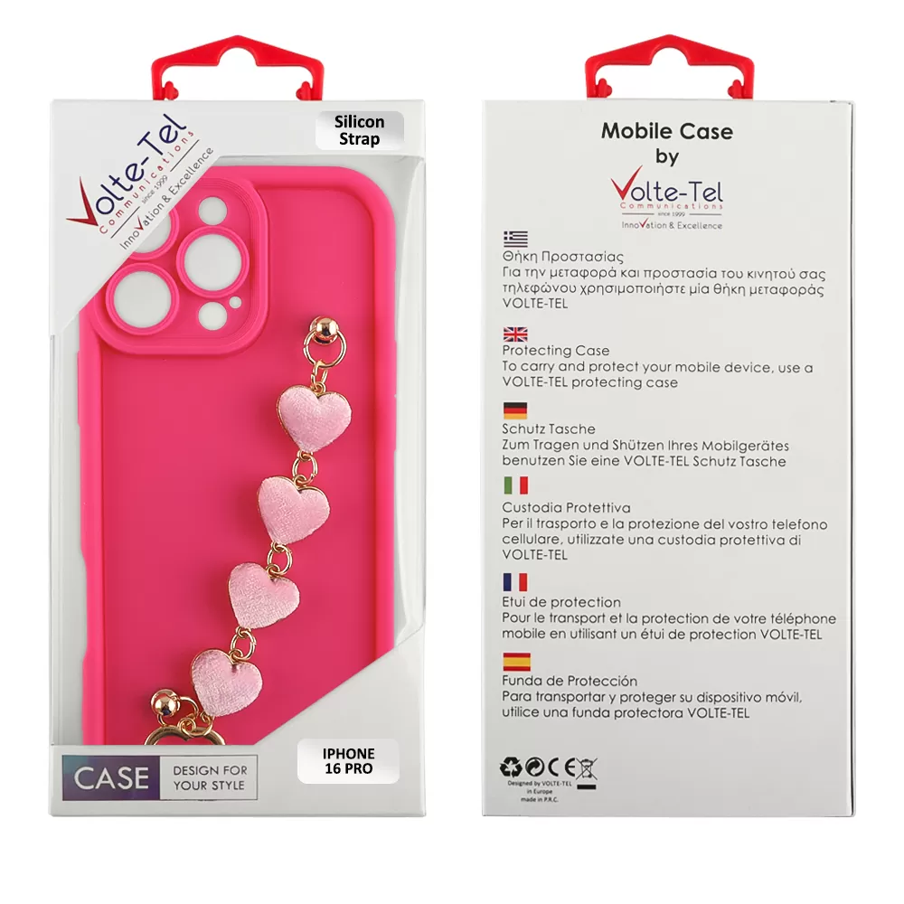 VOLTE-TEL SILICON TPU WITH STRAP ΘΗΚΗ IPHONE 16 PRO 6.3in  FULL CAMERA PROTECTION PINK WITH PINK HEARTS - Image 2