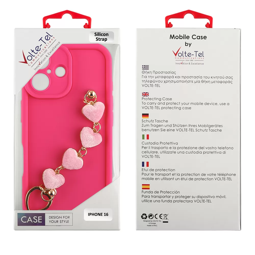 VOLTE-TEL SILICON TPU WITH STRAP ΘΗΚΗ IPHONE 16 6.1in  FULL CAMERA PROTECTION PINK WITH PINK HEARTS - Image 2