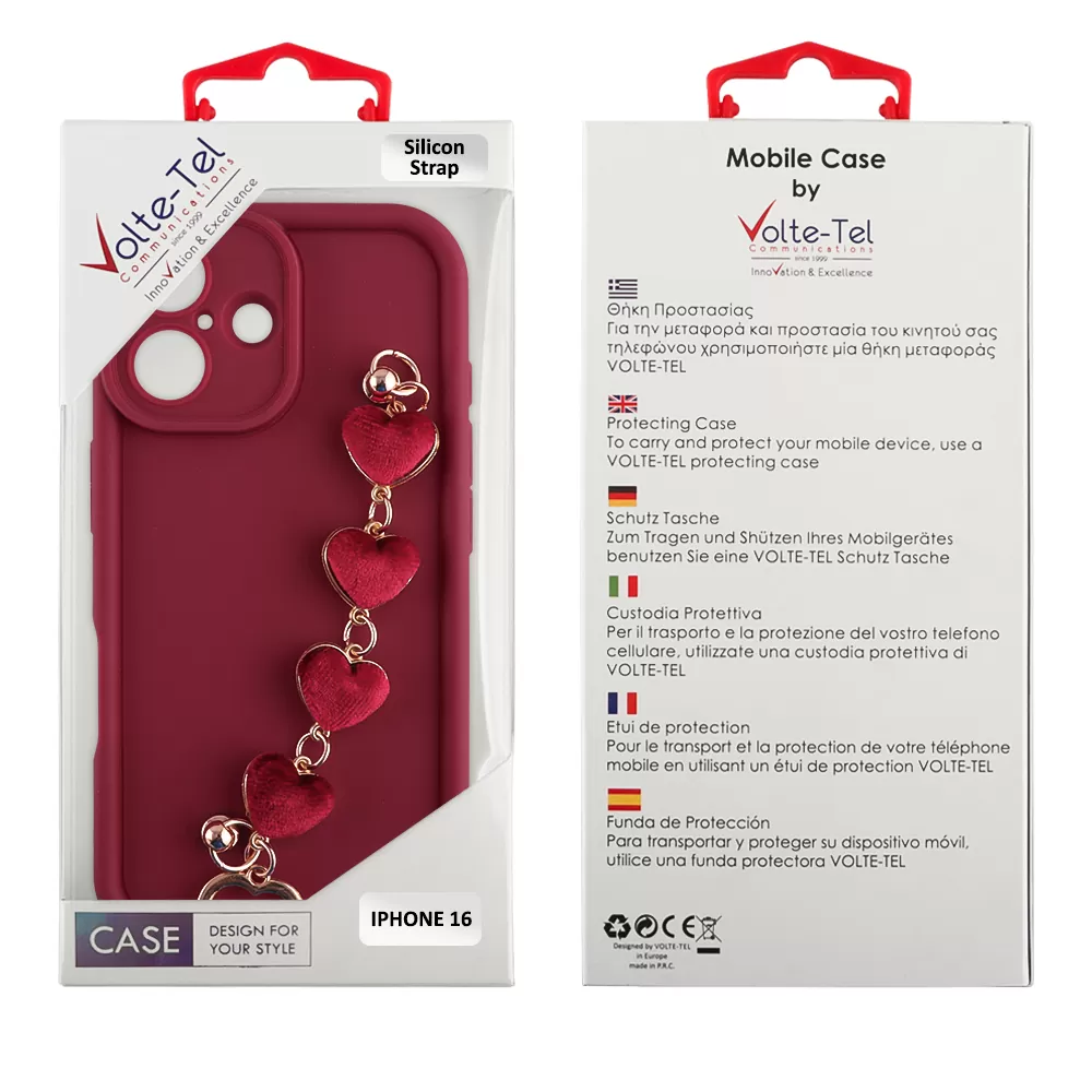 VOLTE-TEL SILICON TPU WITH STRAP ΘΗΚΗ IPHONE 16 6.1in  FULL CAMERA PROTECTION BURGUNDY WITH RED HEARTS - Image 2