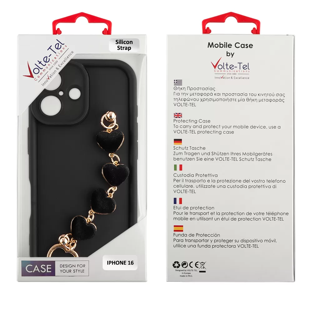 VOLTE-TEL SILICON TPU WITH STRAP ΘΗΚΗ IPHONE 16 6.1in  FULL CAMERA PROTECTION BLACK WITH BLACK HEARTS - Image 2