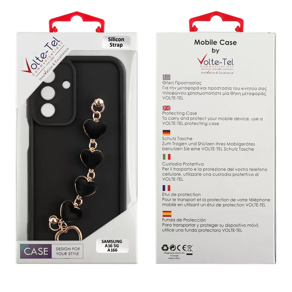 VOLTE-TEL SILICON TPU WITH STRAP ΘΗΚΗ SAMSUNG A16 4G A165/A16 5G A166 6.7in  FULL CAMERA PROTECTION BLACK WITH BLACK HEARTS - Image 2