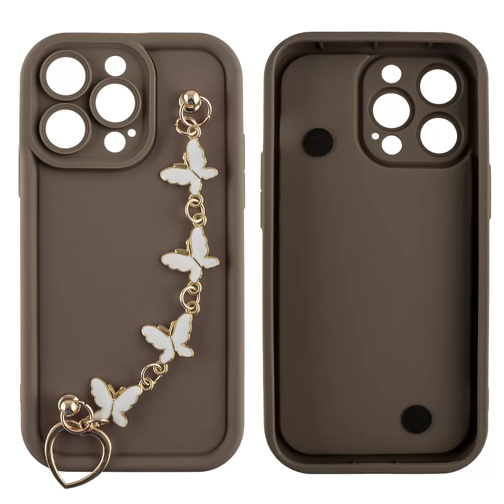 VOLTE-TEL SILICON TPU WITH STRAP ΘΗΚΗ IPHONE 13 PRO 6.1in  FULL CAMERA PROTECTION BROWN WITH WHITE BUTTERFLIES - Image 3