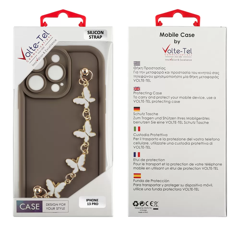 VOLTE-TEL SILICON TPU WITH STRAP ΘΗΚΗ IPHONE 13 PRO 6.1in  FULL CAMERA PROTECTION BROWN WITH WHITE BUTTERFLIES - Image 2