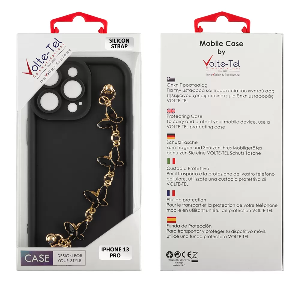 VOLTE-TEL SILICON TPU WITH STRAP ΘΗΚΗ IPHONE 13 PRO 6.1in  FULL CAMERA PROTECTION BLACK WITH BLACK BUTTERFLIES - Image 2