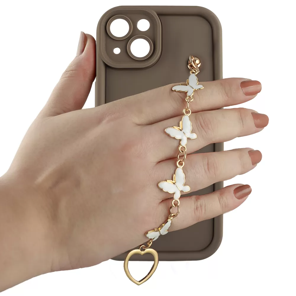 VOLTE-TEL SILICON TPU WITH STRAP ΘΗΚΗ IPHONE 13 6.1in  FULL CAMERA PROTECTION BROWN WITH WHITE BUTTERFLIES - Image 5