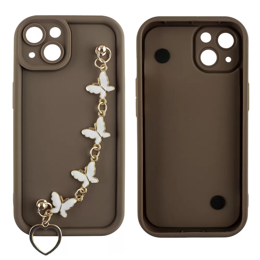 VOLTE-TEL SILICON TPU WITH STRAP ΘΗΚΗ IPHONE 13 6.1in  FULL CAMERA PROTECTION BROWN WITH WHITE BUTTERFLIES - Image 3