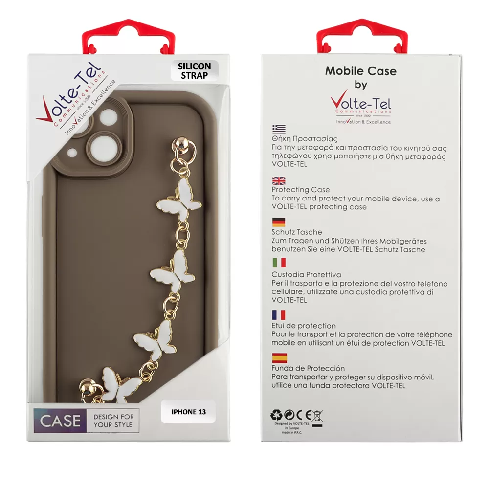 VOLTE-TEL SILICON TPU WITH STRAP ΘΗΚΗ IPHONE 13 6.1in  FULL CAMERA PROTECTION BROWN WITH WHITE BUTTERFLIES - Image 2