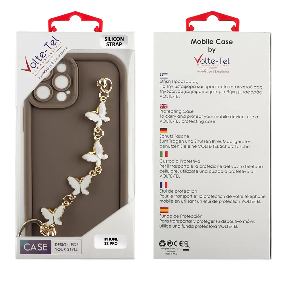 VOLTE-TEL SILICON TPU WITH STRAP ΘΗΚΗ IPHONE 12 PRO 6.1in  FULL CAMERA PROTECTION BROWN WITH WHITE BUTTERFLIES - Image 2