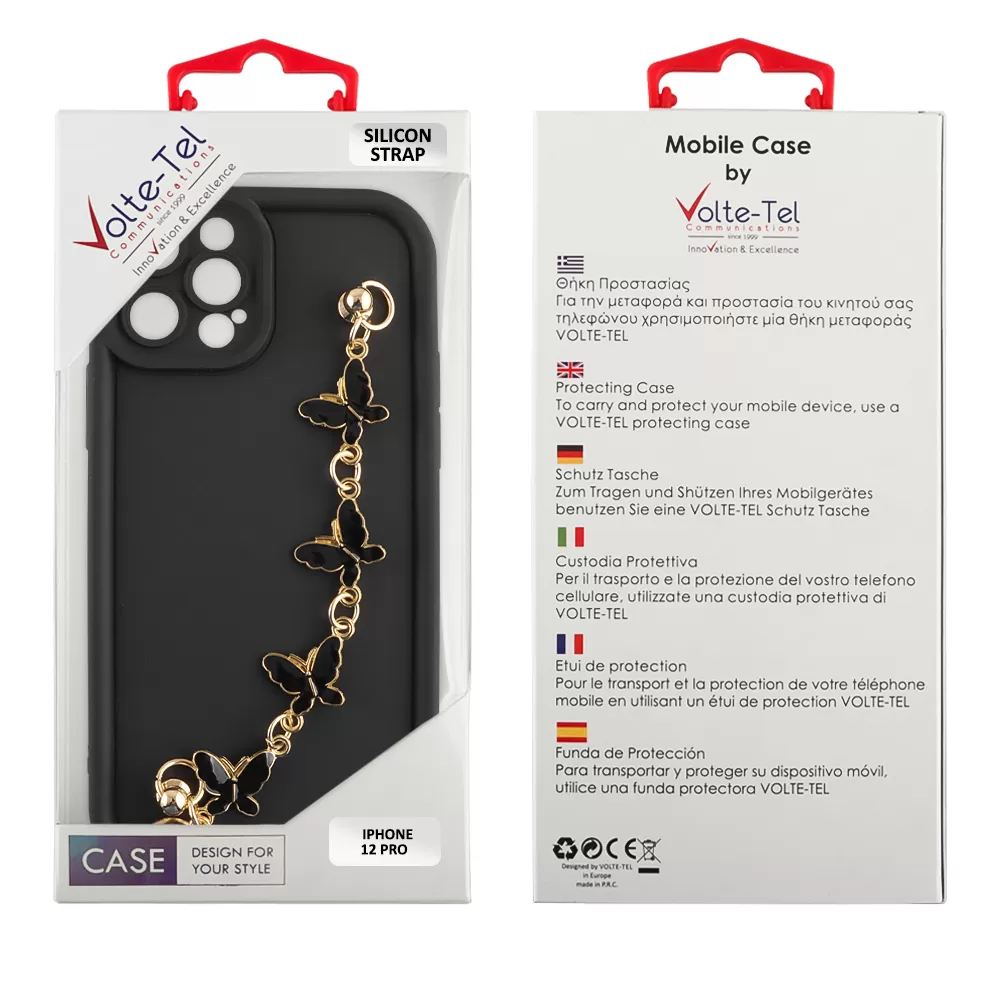 VOLTE-TEL SILICON TPU WITH STRAP ΘΗΚΗ IPHONE 12 PRO 6.1in  FULL CAMERA PROTECTION BLACK WITH BLACK BUTTERFLIES - Image 2