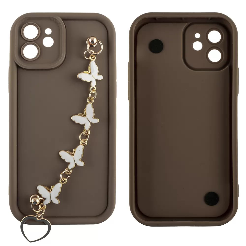 VOLTE-TEL SILICON TPU WITH STRAP ΘΗΚΗ IPHONE 12 6.1in  FULL CAMERA PROTECTION BROWN WITH WHITE BUTTERFLIES - Image 3