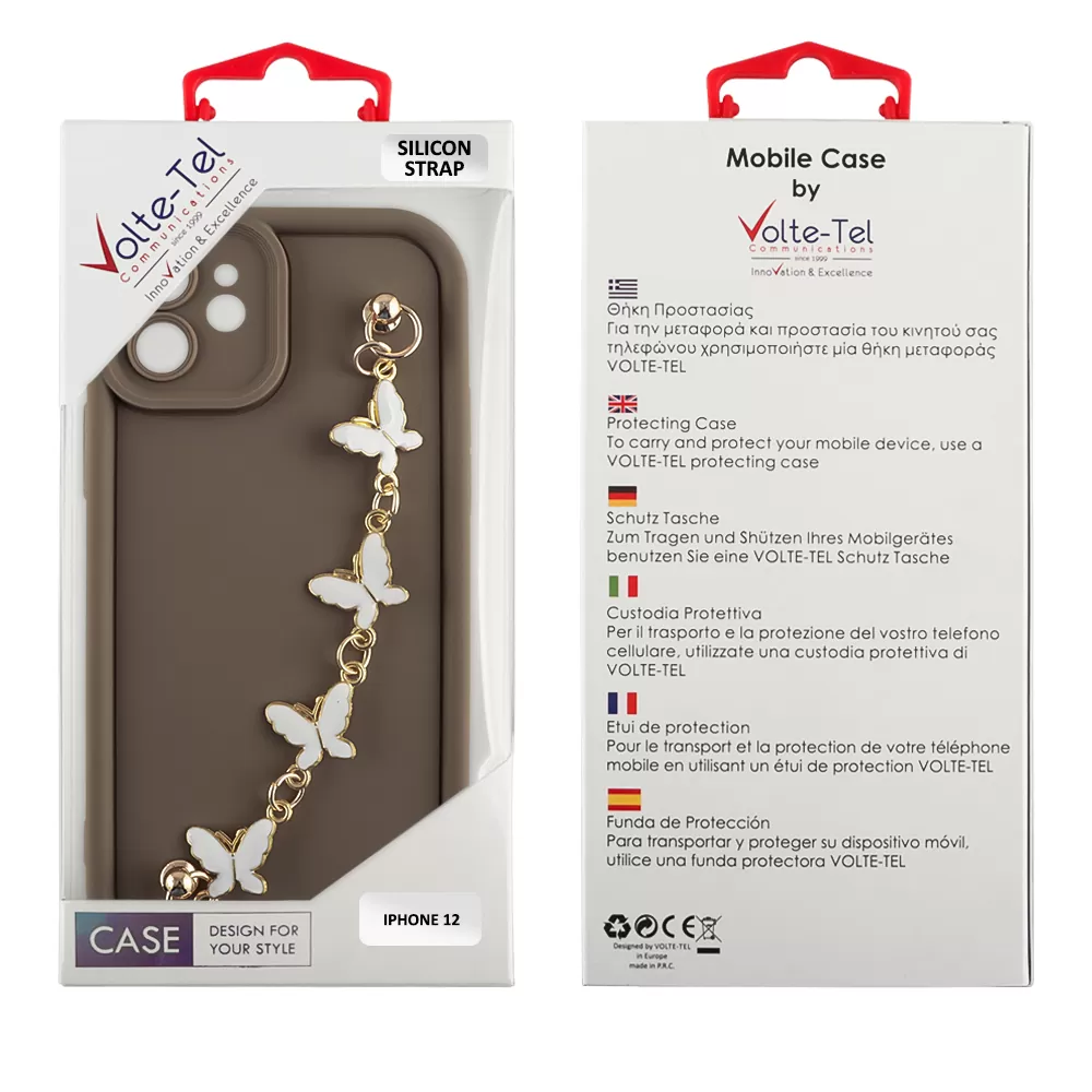 VOLTE-TEL SILICON TPU WITH STRAP ΘΗΚΗ IPHONE 12 6.1in  FULL CAMERA PROTECTION BROWN WITH WHITE BUTTERFLIES - Image 2