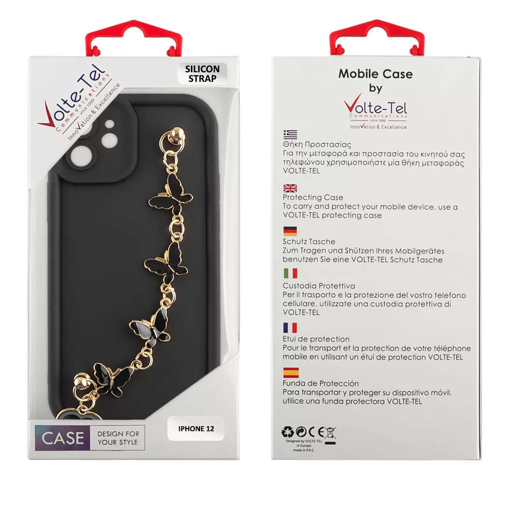 VOLTE-TEL SILICON TPU WITH STRAP ΘΗΚΗ IPHONE 12 6.1in  FULL CAMERA PROTECTION BLACK WITH BLACK BUTTERFLIES - Image 2