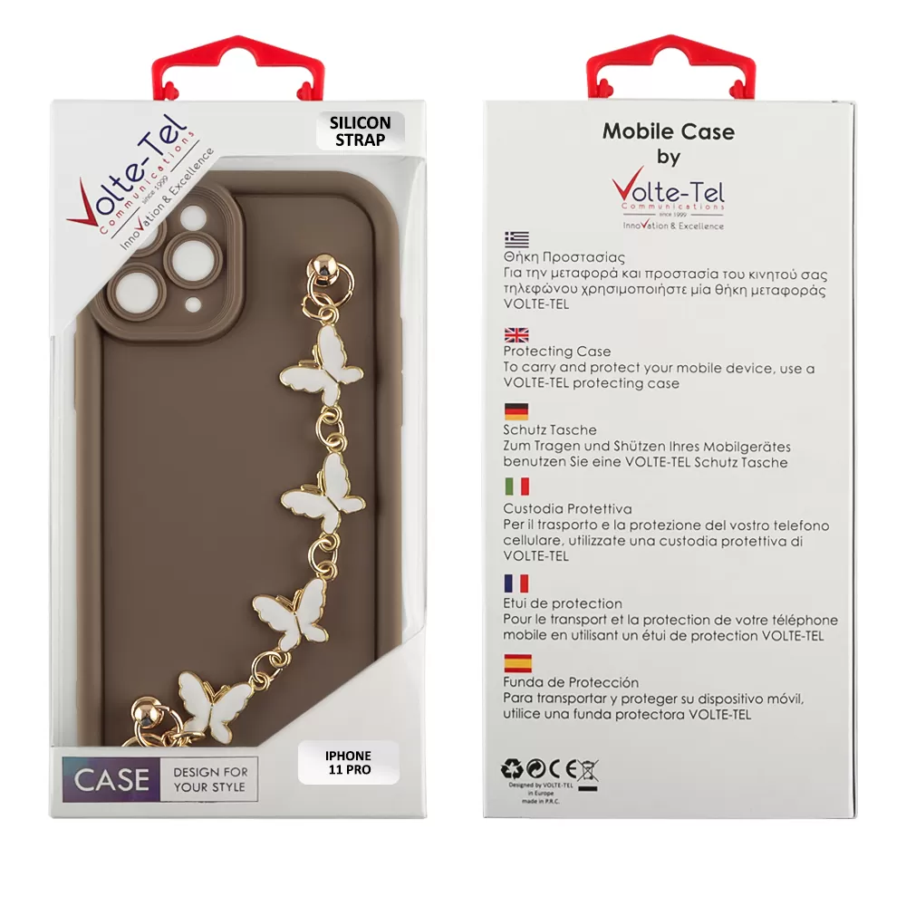 VOLTE-TEL SILICON TPU WITH STRAP ΘΗΚΗ IPHONE 11 PRO 5.8in  FULL CAMERA PROTECTION BROWN WITH WHITE BUTTERFLIES - Image 2