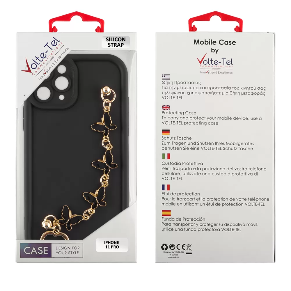 VOLTE-TEL SILICON TPU WITH STRAP ΘΗΚΗ IPHONE 11 PRO 5.8in  FULL CAMERA PROTECTION BLACK WITH BLACK BUTTERFLIES - Image 2