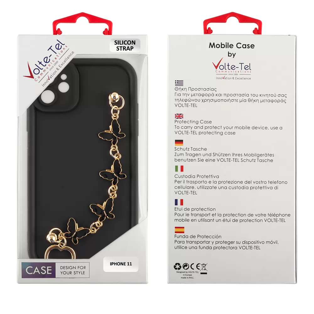 VOLTE-TEL SILICON TPU WITH STRAP ΘΗΚΗ IPHONE 11 6.1in  FULL CAMERA PROTECTION BLACK WITH BLACK BUTTERFLIES - Image 2