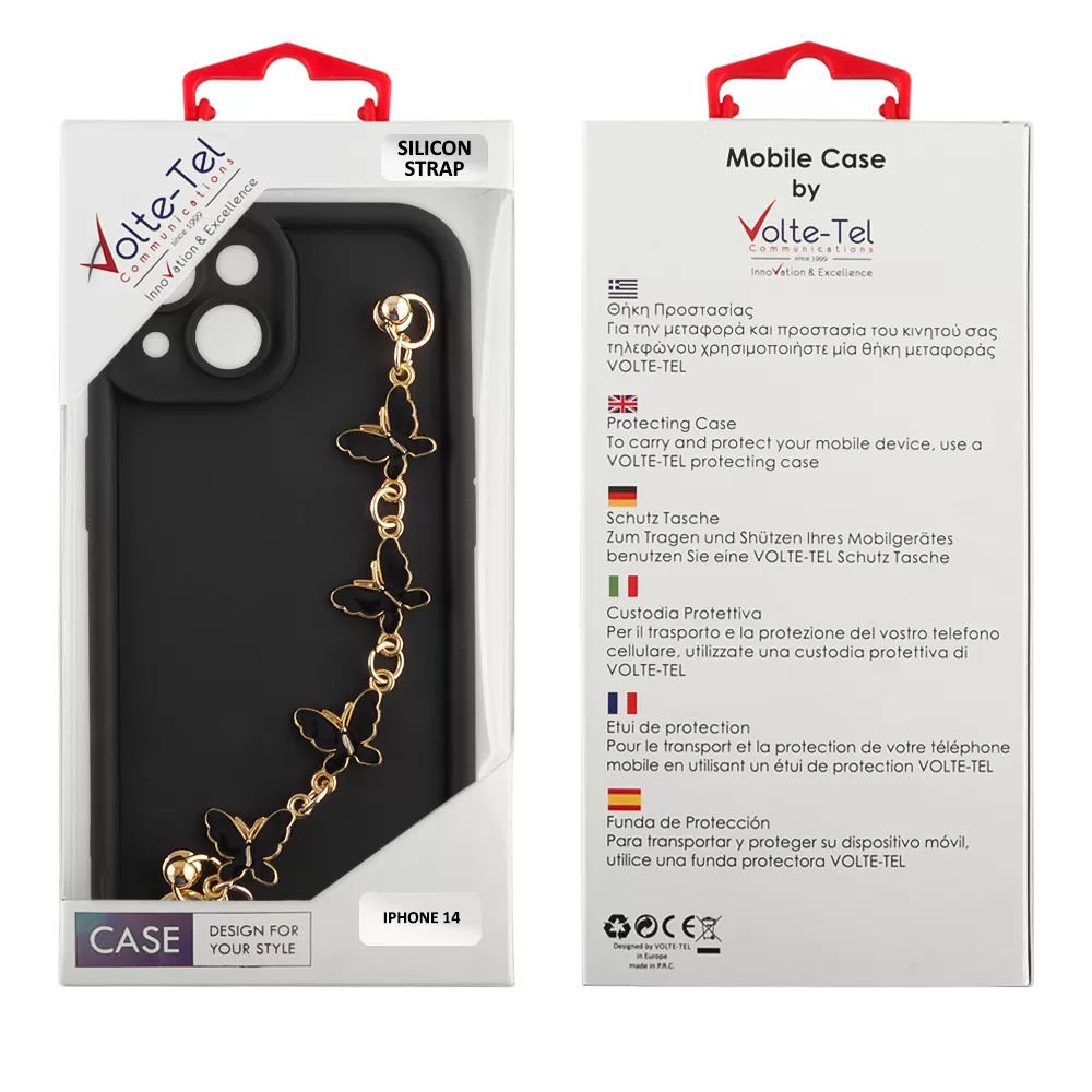 VOLTE-TEL SILICON TPU WITH STRAP ΘΗΚΗ IPHONE 14 6.1in  FULL CAMERA PROTECTION BLACK WITH BLACK BUTTERFLIES - Image 2