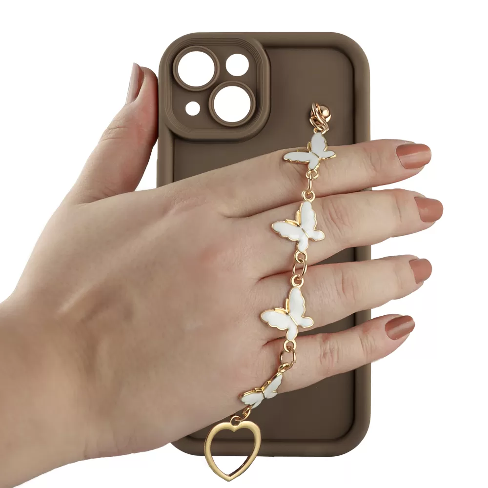 VOLTE-TEL SILICON TPU WITH STRAP ΘΗΚΗ IPHONE 14 6.1in  FULL CAMERA PROTECTION BROWN WITH WHITE BUTTERFLIES - Image 5