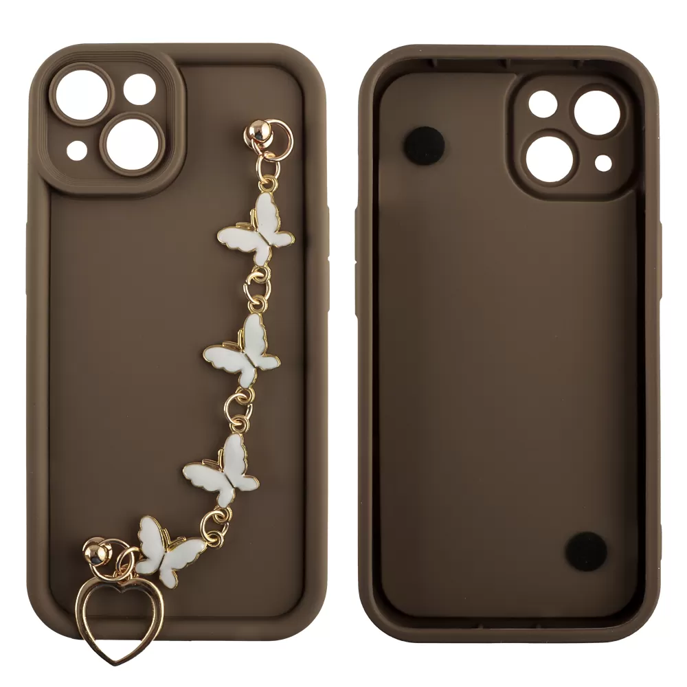 VOLTE-TEL SILICON TPU WITH STRAP ΘΗΚΗ IPHONE 14 6.1in  FULL CAMERA PROTECTION BROWN WITH WHITE BUTTERFLIES - Image 3